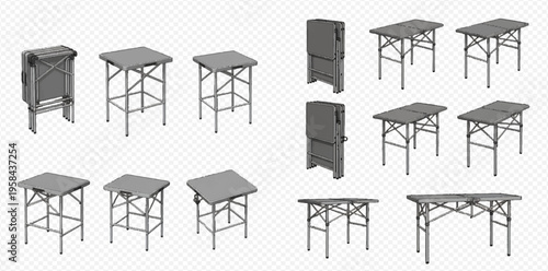 Collection of various gray folding tables in different configurations, isolated on a transparent background.