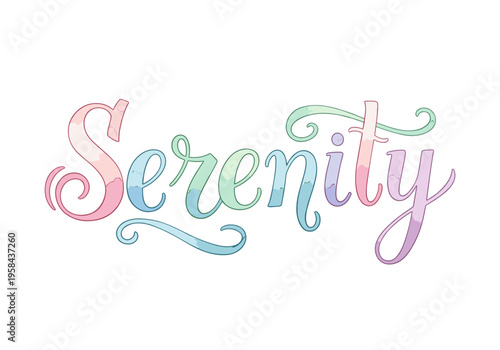 Beautiful calligraphy word Serenity with pastel gradient colors and elegant swirls