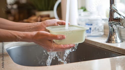 Hands rinsing reusable food container under faucet with running water in kitchen sink, eco friendly cleaning and meal prep routine