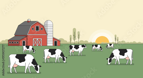 Vector illustration of cows grazing in a green field with a red barn