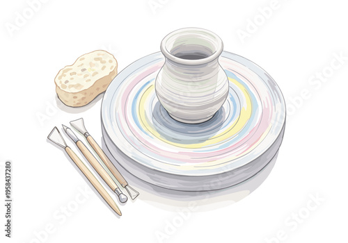Pottery wheel with unfinished vase, tools, and sponge ready for crafting