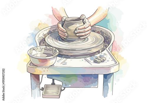 Hands shaping clay on a pottery wheel with a watercolor background