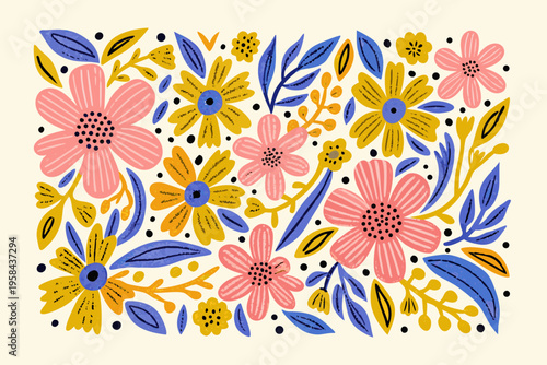 A colorful stylized floral pattern with various blooms and leaves