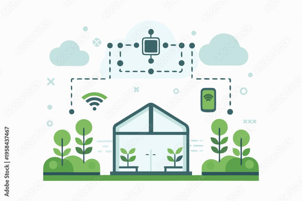 Naklejka premium Smart home automation system connects devices and monitors a greenhouse