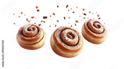 Three cinnamon rolls floating in the air with sugar on transparent background