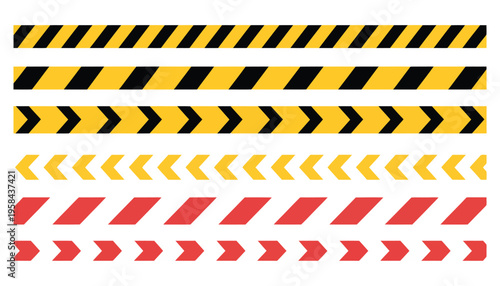 Caution barrier strips and warning tape patterns for emergency safety marking, hazard alert striped designs, restricted area indicators for construction and industrial zones, modern vector 