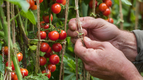 Ripe tomato vine red cherry tomato gardener hands tying string vertical support pruning harvest vegetable garden