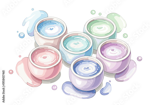 Assortment of colorful cosmetic creams in small jars with liquid splashes