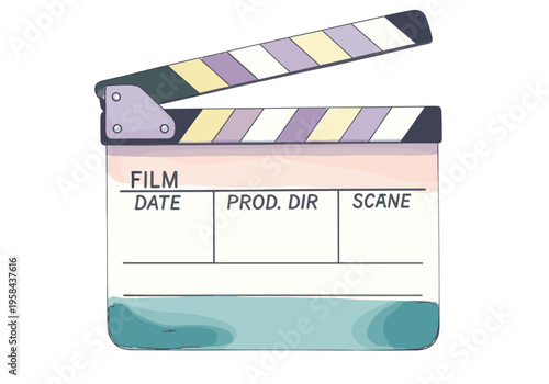 Hand-drawn clapperboard with pastel colors for film production and recording
