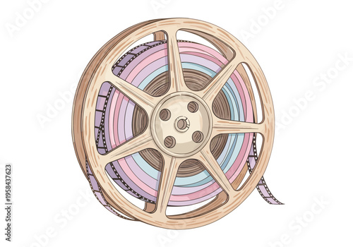 Vintage film reel with pastel colored film strips on white background