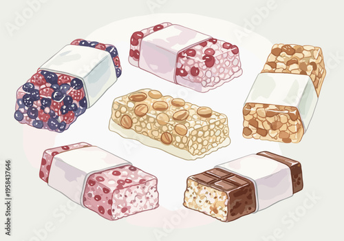 Assortment of delicious and healthy snack bars with various ingredients