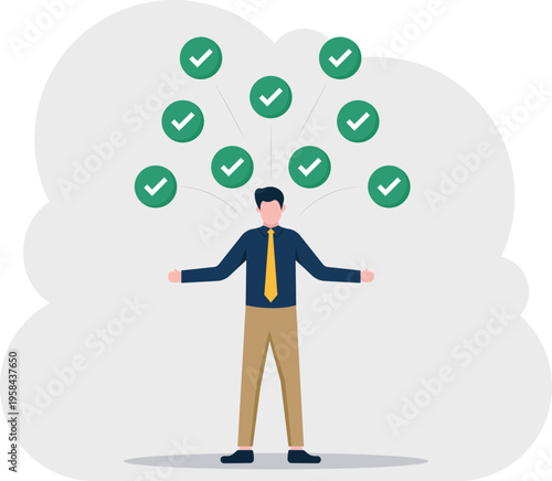 Professional man with multiple floating check marks around his head