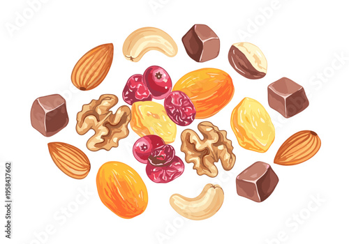 Assortment of dried fruits, nuts, and chocolates on a white background