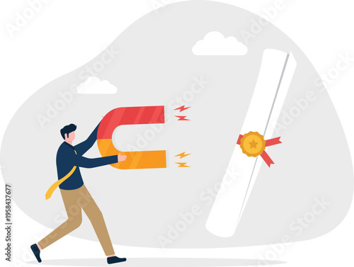 Professional man using a magnet to attract a giant degree diploma