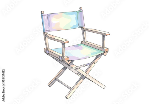 A director's chair with a pastel fabric seat and backrest on a white background