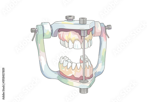 Dental articulator with artificial teeth demonstrating occlusion and bite registration