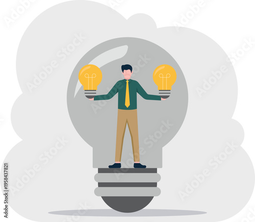 Professional man holding two giant lightbulbs inside a larger bulb