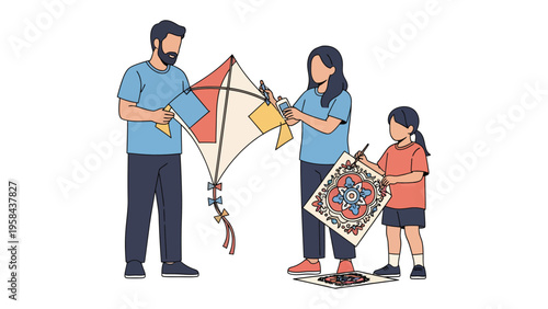 Family kite: A family stands, preparing a kite, ready for a day of fun and shared moments. A beautiful representation of family time and the simplicity of joy.