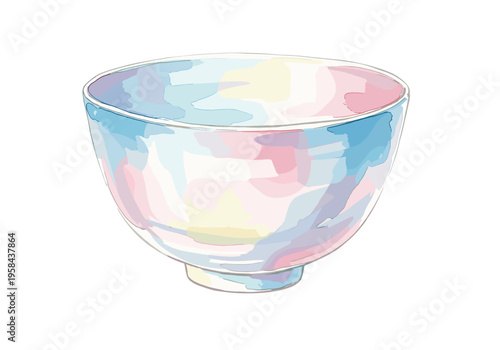 Delicate watercolor illustration of a translucent glass bowl with pastel color splashes