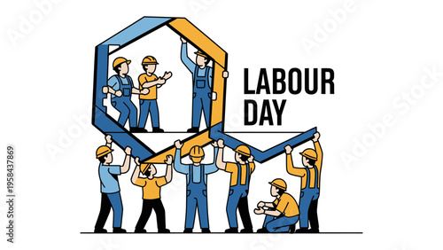 Labor Day Celebration: A group of construction workers, united in solidarity, hold up a banner proudly proclaiming Labor Day, honoring the hard work and dedication of the workforce.