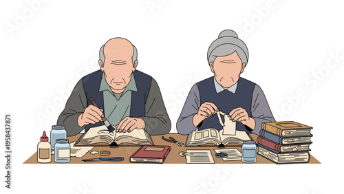 Elderly Couple Preserving Memories: An elderly couple is deeply engaged in the delicate act of preserving memories by restoring old books and meticulously knitting yarn.