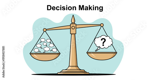 Decision making concept with scales weighing multiple thoughts against one big question.