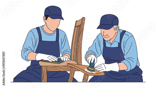 Furniture Restoration in progress: Skilled craftspeople diligently restoring a wooden chair with precision, demonstrating a passion for preserving craftsmanship and attention to detail.