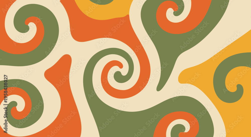 Fototapeta premium Groovy Retro 60s 70s Psychedelic Swirl Pattern Background with Organic Shapes in Vintage Orange, Olive Green, and Cream Palette