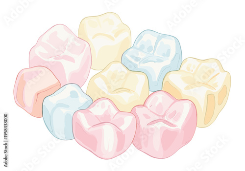 Assorted pastel colored marshmallows piled together on a white background