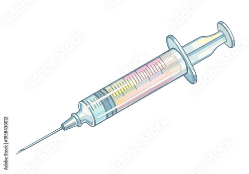Close-up illustration of a medical syringe filled with colorful liquid and a sharp needle