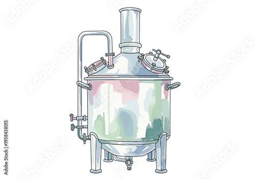 Industrial stainless steel fermentation tank with pipes and valves for brewing