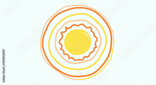 Abstract minimalist illustration of a vibrant yellow sun or a fried egg with warm, wavy orange and yellow concentric circles on a light background.