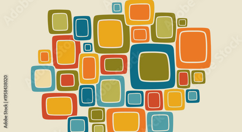 Vibrant retro abstract background with a playful arrangement of colorful rounded squares in a vintage mid-century modern style.