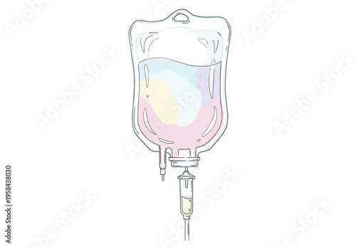 Hand-drawn illustration of an IV drip bag with colorful fluids and tubing