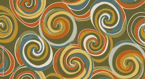 Retro abstract seamless pattern with vibrant colorful swirls and spirals on an olive green background, evoking a vintage psychedelic design.
