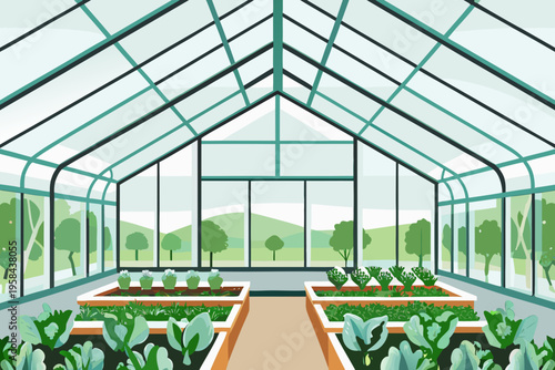 A vibrant stylized illustration of a greenhouse with plants and landscape