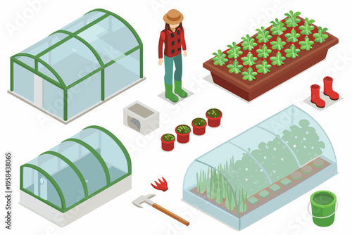Isometric illustration of a gardener and various greenhouse gardening elements
