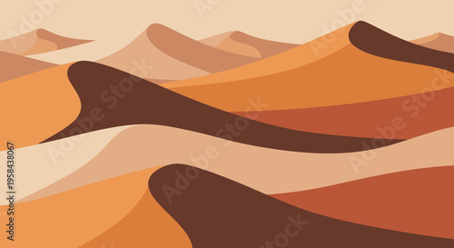 Abstract minimalist desert landscape with rolling sand dunes in warm earthy tones, flat design vector illustration for nature backgrounds and travel concepts.