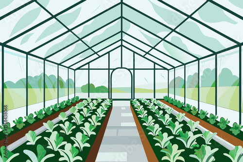 Inside a greenhouse with rows of leafy green plants and bright sunlight