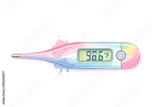 Digital thermometer displaying 98.6 degrees Fahrenheit with colorful watercolor accents
