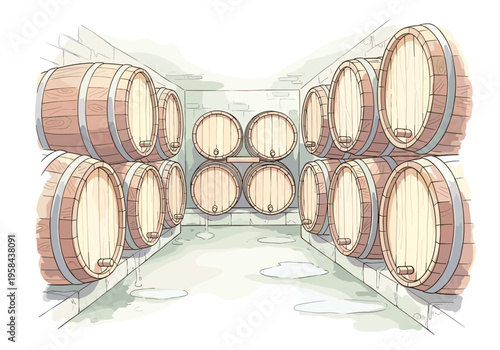 Wooden barrels stacked in a cool, damp cellar for aging beverages