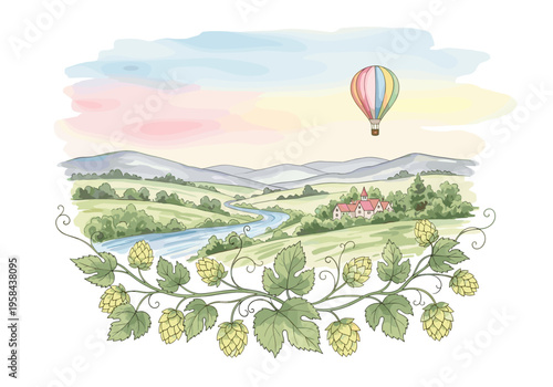 Scenic countryside landscape with hot air balloon and hop vines
