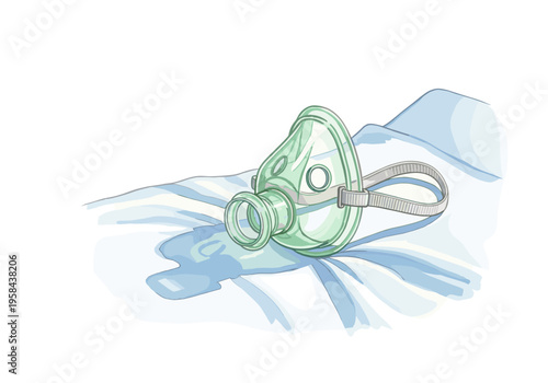 Medical oxygen mask resting on a white sheet with blue shadows