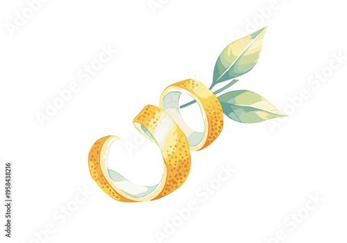 Fresh citrus zest spiral with green leaves on a clean white background