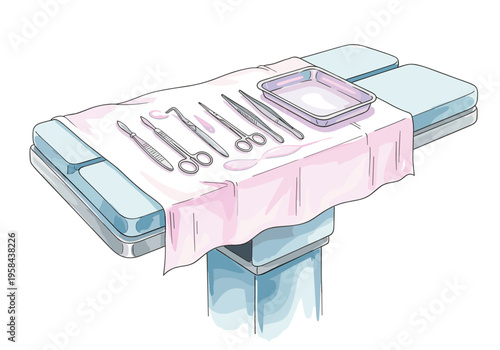 Surgical instruments laid out on a sterile cloth on an operating table
