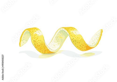 Single lemon peel spiral isolated on white background with subtle shadow