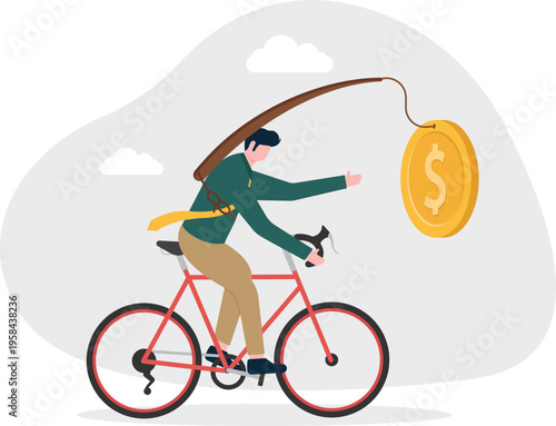 Professional man riding a bicycle chasing a giant gold coin