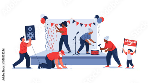 Labor Day Preparation: A diverse group of individuals works together to prepare a stage for a Labour Day celebration, embodying the spirit of community and the value of hard work.