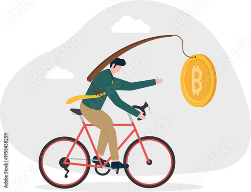 Businessman riding a bicycle chasing a Bitcoin cryptocurrency coin