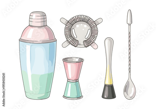 Collection of essential bar tools for mixing cocktails and drinks